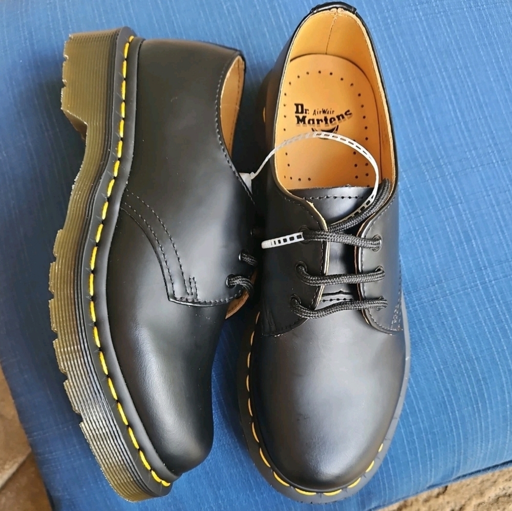 Dr. Martens Black Leather Oxford Flats with Yellow Stitching. Never worn!